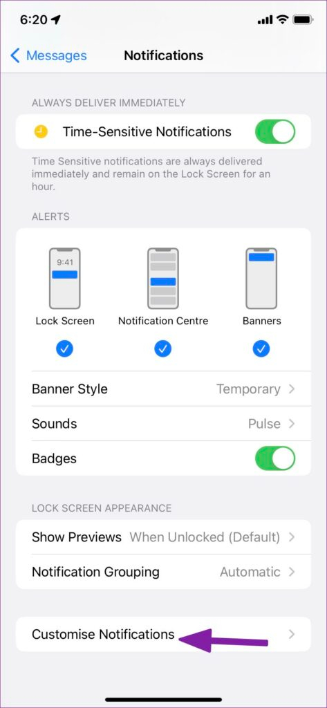 Customize Notifications بروید.